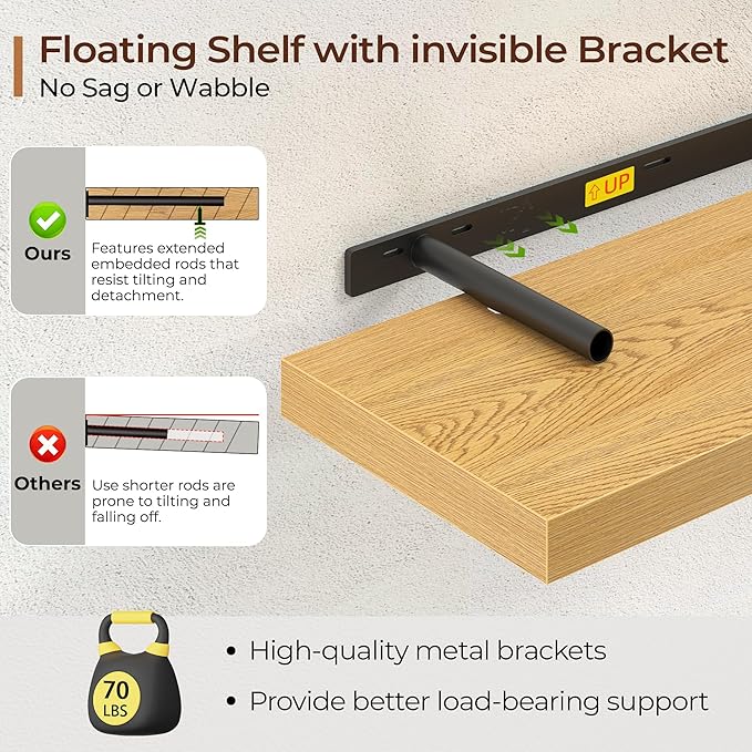 Fun Memories Floating Shelves for Wall 16 Inch Set of 3, Farmhouse Floating Shelves with Invisible Heavy Duty Bracket, 10 Inc