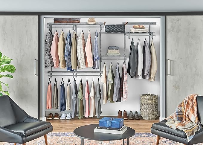 ClosetMaid ShelfTrack Wire Closet Organizer System, Adjustable from 5 to 8 Ft., With Shelves, Clothes Rods, Hardware, Durable