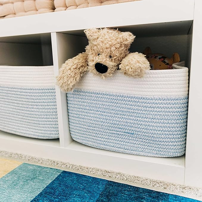 OrganiHaus Rope Baskets for Shelves - Set of 3 Woven Storage Baskets for Organizing, Closet & Toy Storage - Blue/White - 15x9