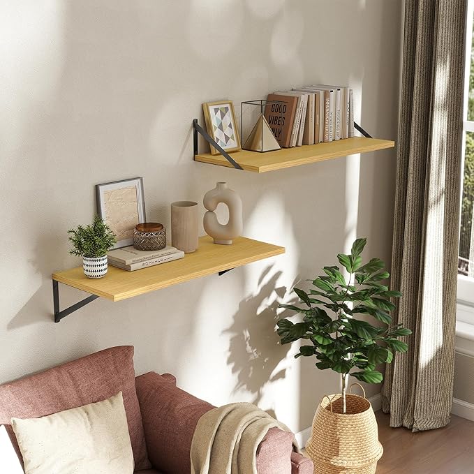 Deep Floating Shelves Wall Mounted, 30"x12" Oak Wall Shelves with Brackets Set of 2 for Bedroom, Living Room, Bathroom, Kitch