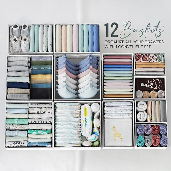 Drawer Organizer Clothes Set of 12 White-Grey - Dresser Organizer For Nursery, Bedroom, Closet - Perfect Baby Clothes Organiz
