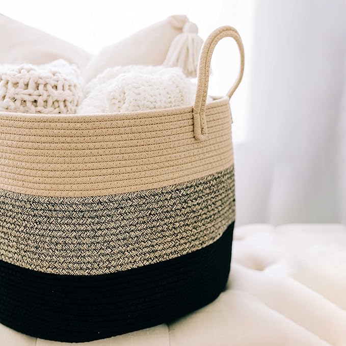 OrganiHaus Large Woven Storage Basket for Blankets and Toys 20" x 13" Inch, Rope Laundry Basket with Handles, Cushions & Pill