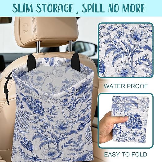 Car Garbage Bag Abstract Blue and White Floral Hanging Canvas Car Trash Bag Drawstring Car Back Seat Organizer for Car Back Front Seat Console with Adjustable Buckle