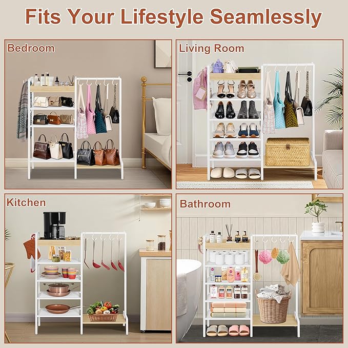 2-in-1 Shoe Rack for Closet with Purse Organizer, 5 Tier Shoes Shelf with Wooden Tray and Removable Shelves, Storage Organize