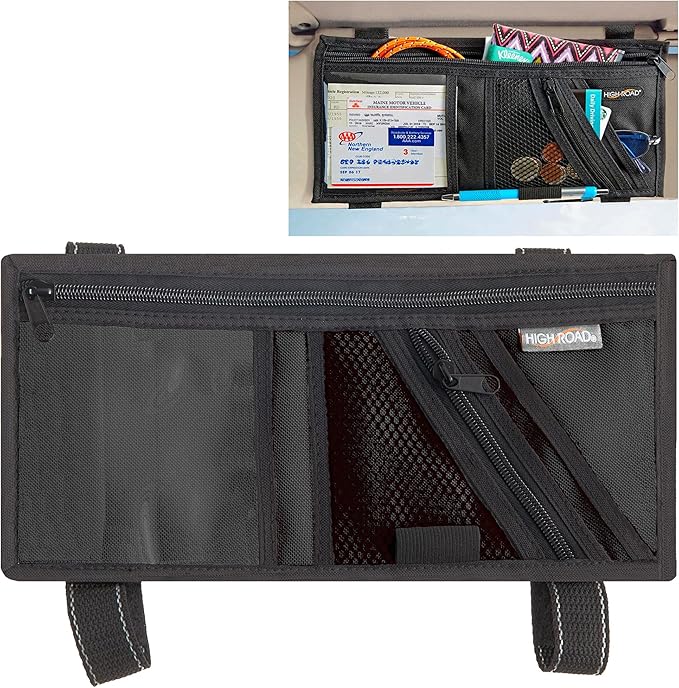 High Road Car Visor Organizer with Secure Zip Pockets, Sunglasses Holder and Clear Registration and Insurance Pocket - Heavy Duty Straps Fit Most Car, SUV and Truck Visors
