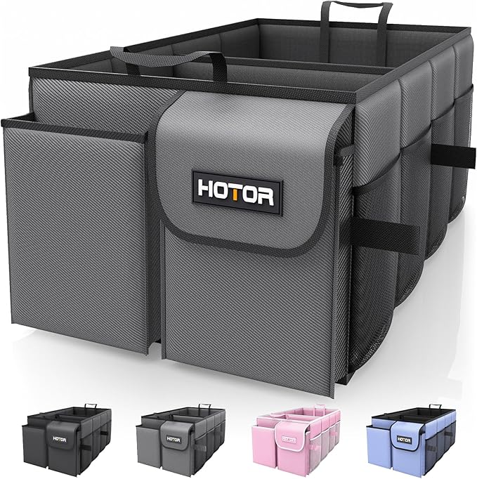 HOTOR Foldable Trunk Organizer - SUV & Sedan Compatible, Sturdy 2-Compartment Grey Car Accessory Organizer, 23.6x14.2x10.6