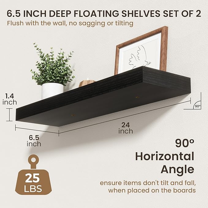 24 Inch Floating Shelves | 6.5 Inch Deep Black Floating Shelves Set of 2 | 24" W x 6.5" D Rustic Black Wood Wall Shelves with
