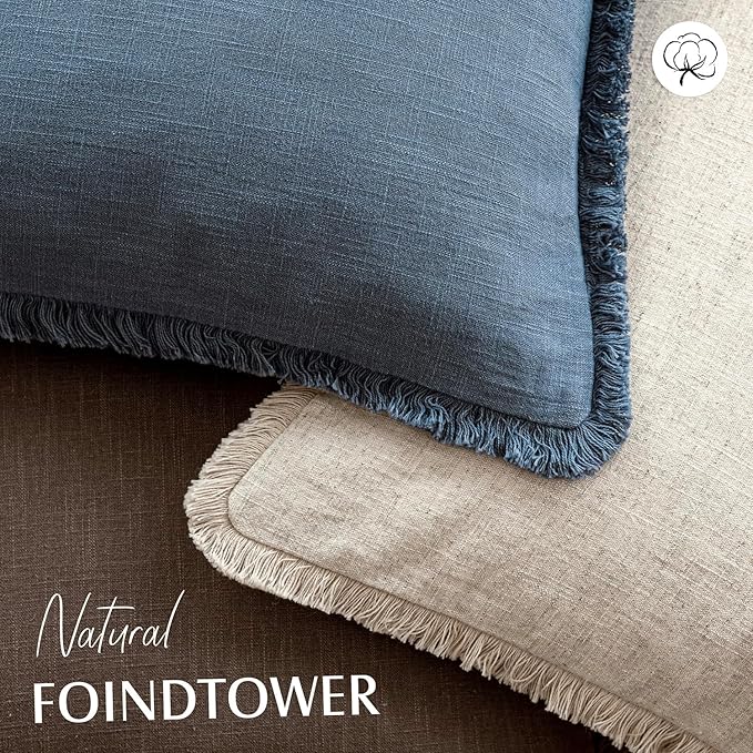 Foindtower Set of 2 Decorative Linen Fringe Throw Pillow Covers Cozy Boho Farmhouse Cushion Cover with Tassels Accent Pillowc