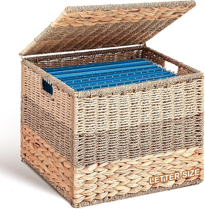Decorative File Box 14 x 12 x 11 in Wicker Seagrass File Basket Organizer for Letter Size Hand Woven Hanging Filing Cabinet w