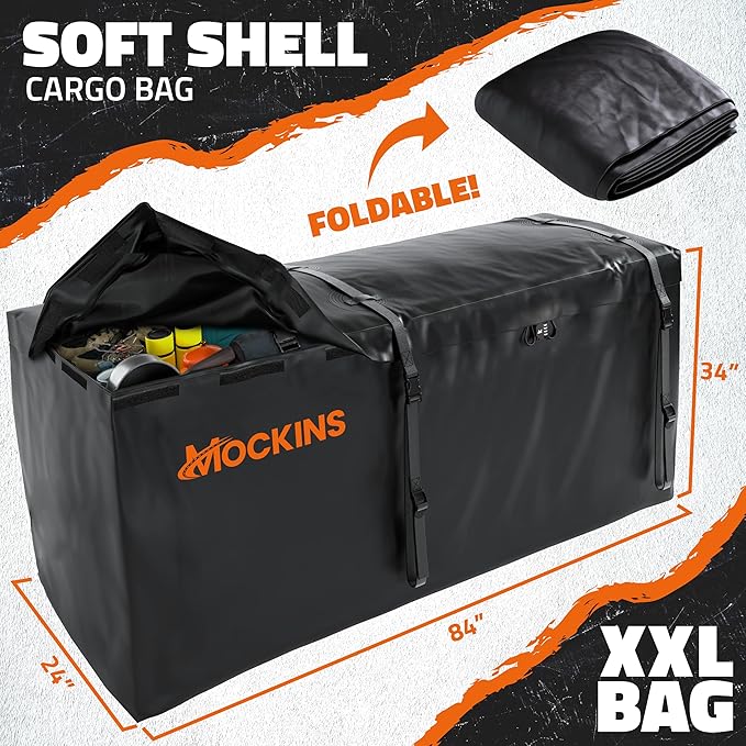 Mockins 40 Cu Ft XXL Hitch Cargo Carrier Bag 84"x24"x34" | 7 Ft Extra Wide Waterproof Trailer Hitch Storage & Truck Bed Cargo Bag | Heavy Duty Vehicle Soft-Shell Carriers w/Lock, Straps & Carry Case