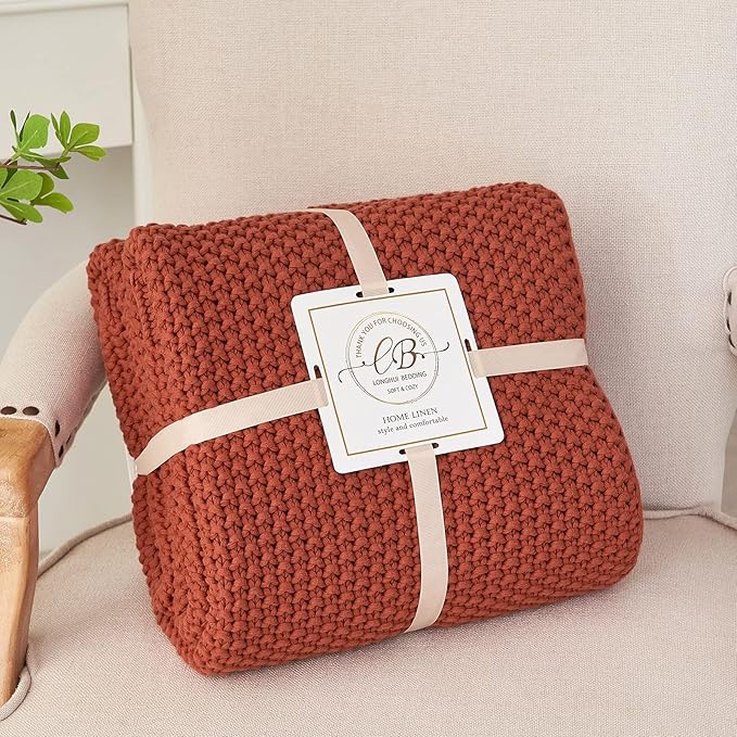 Chunky Cable Knit Throw Blanket Lightweight Rust 100% Organic Cotton Blanket for Sofa Couch Bed Baby Nursery, Rustic Shabby C