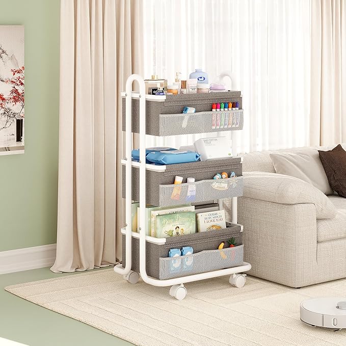 3-Tier Baby Diaper Caddy Organizer Cart, Mobile Nursery Storage Carts with Wheels, 3 Dividers & 6 Mesh Pockets Durable Metal 