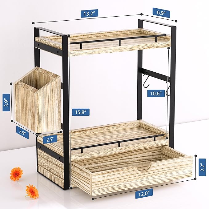 2-Tier Wood Bathroom Counter Organizer, Countertop Organizer with Drawer and Storage Basket, Bathroom Sink Organizer for Vani