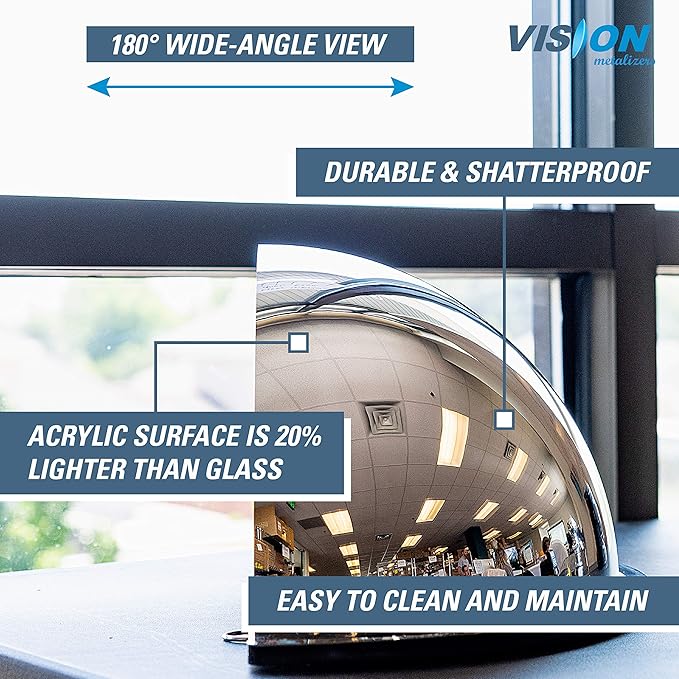 26” Acrylic Bubble Half Dome Convex Mirror, Round Indoor Security Mirror for Driveway Safety Spots, Outdoor Warehouse Side View, Circular Wall Mirror for Office Use - Vision Metalizers (DPB2612)