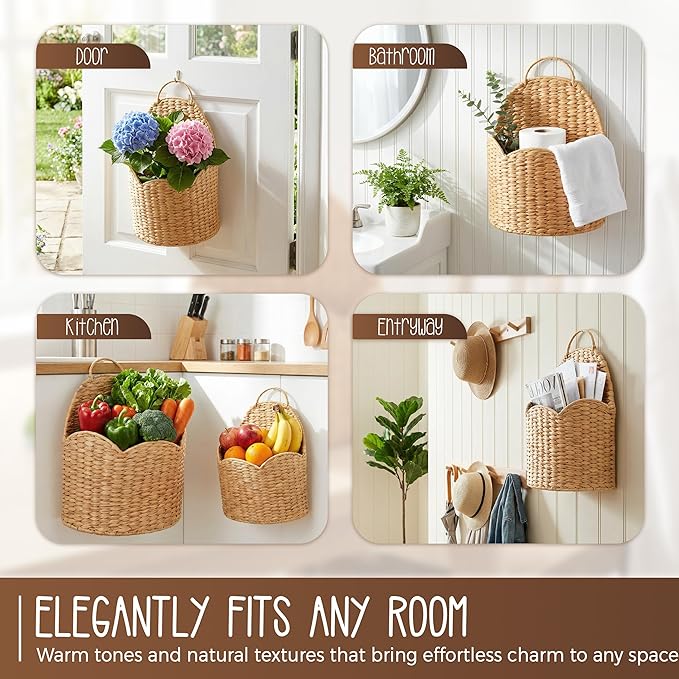 2Pcs Water Hyacinth Scalloped Hanging Basket – Wall & Door Organizer with Loop Handle, Front-Entry Mail/Floral Holder, Boho F