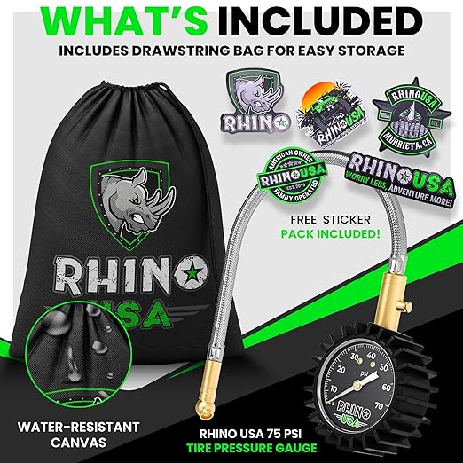 Rhino USA Heavy Duty Tire Pressure Gauge (0-75 PSI) - Certified ANSI B40.1 Accurate, Large 2" Easy Read Glow Dial, Premium Braided Hose, Solid Brass Hardware, Best for Any Car, Truck, Motorcycle, RV