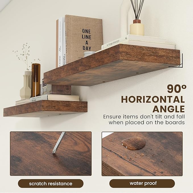 Deep Floating Shelves | 36 Inch Brown Floating Shelves Set of 2 | 12 Inch Deep Rustic Wood Shelves for Wall | 36" W x 12" D B