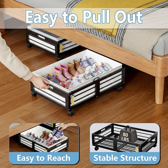 Under Bed Storage Containers with Wheels, Larger Bamboo Wood Under Furniture Storage Containers with Dust Bags，Rolling for Sh