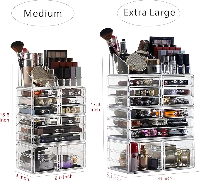 Cq acrylic 4 Pack Clear Makeup Organizer Countertop,Stackable 12 Drawers Skincare Organizer,Cute Skin Care Organizer for Vani