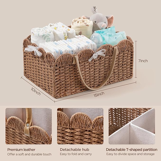 HBlife Large Baby Diaper Caddy, Paper Rope Storage Baskets Nursery Bin with Removable Divider, Portable Car Organizer for Dia