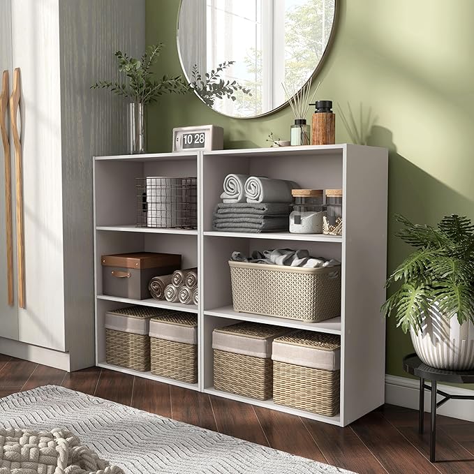 Homes: Inside + Out Apexa 3-Tier Cube Storage Organizer Shelves, Stackable Wood Bookcase Fits Cubby Bins for Organization, Do