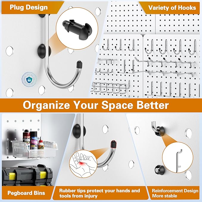 Peg Board, 68PCS Heavy Duty Metal Pegboard with Hooks, 4 Pack White Peg Board Panels, 50lbs Load Capacity Each, Pegboard Wall