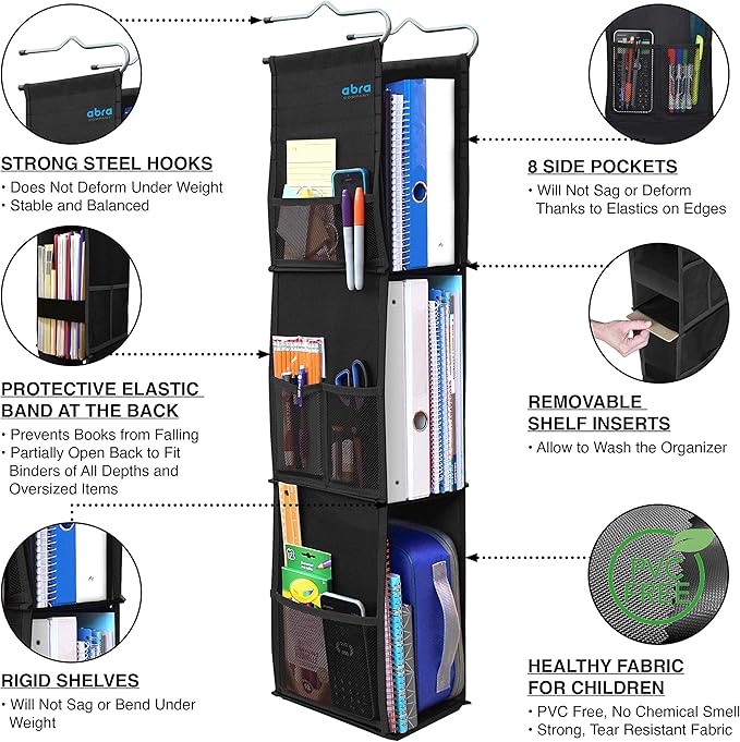 ABRA® 3 Shelf Hanging Locker Organizer for School, Work, Gym, Closet | Deep Shelves 6.5”x 9”| Eco-Friendly Fabric Healthy for