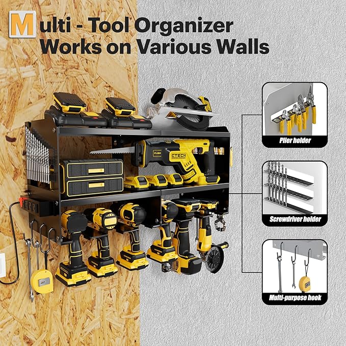 Spampur Power Tool Organizer Wall Mount with Charging Station, 3 Layer Heavy Duty Metal Tool Storage Rack Loads 420lbs with 6