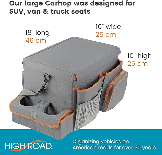 High Road CarHop Car Seat Organizer - Front Seat Organizer for Driver and Back Seat Organizer for Kids with Cup Holders, Study Tray Lid, Side Pockets and Cooler or File Compartment (Gray)