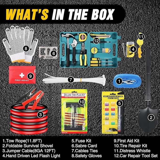 Nilight Car Emergency Kit with Jumper Cable Air Compressor Tire Repair Essential Tools First Aid Alligator Connector Electric