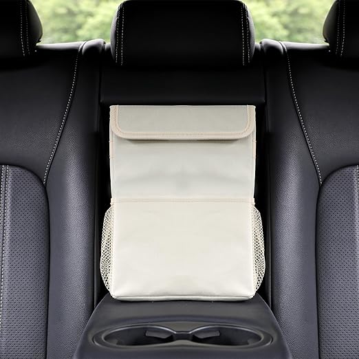 Car Garbage can with lid Leak Proof Vehicle Trash Can 3 Storage Pockets Hanging Waterproof car Trash Bag for SUV Beige