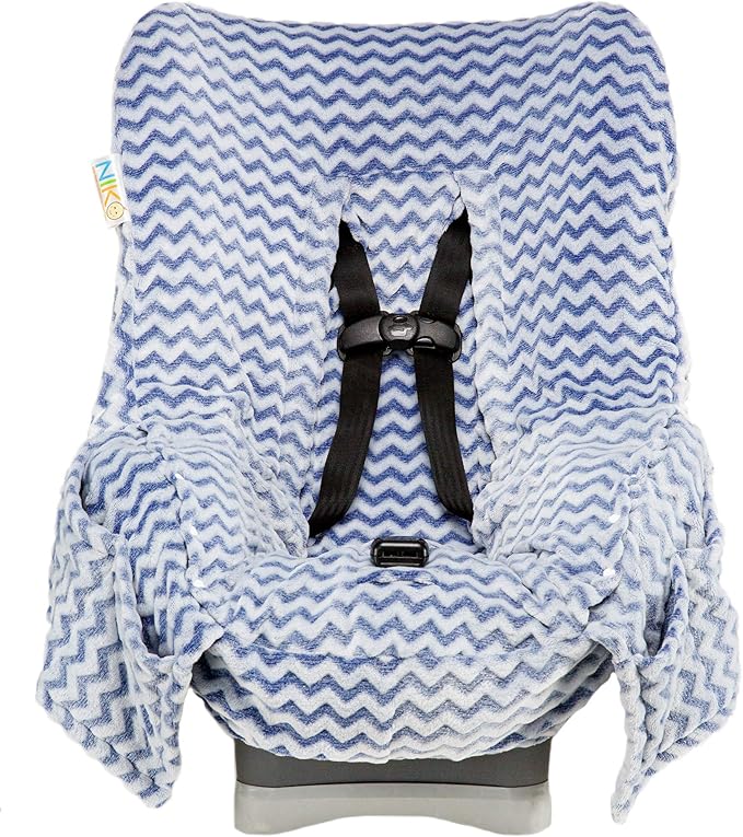 Niko Easy Wash Children's Car Seat Cover & Liner - Blue Chevron Minky - Great for Winter Weather - Universal FIT - Crash Test