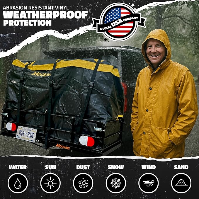 Mockins 30 Cu Ft Trailer Hitch Cargo Carrier Bag | 60"x24"x36" Weatherproof Cargo Bag for Hitch Carrier | Waterproof Truck Bed Storage Set | Vinyl Vehicle Soft-Shell Carriers for Road Trips & Camping