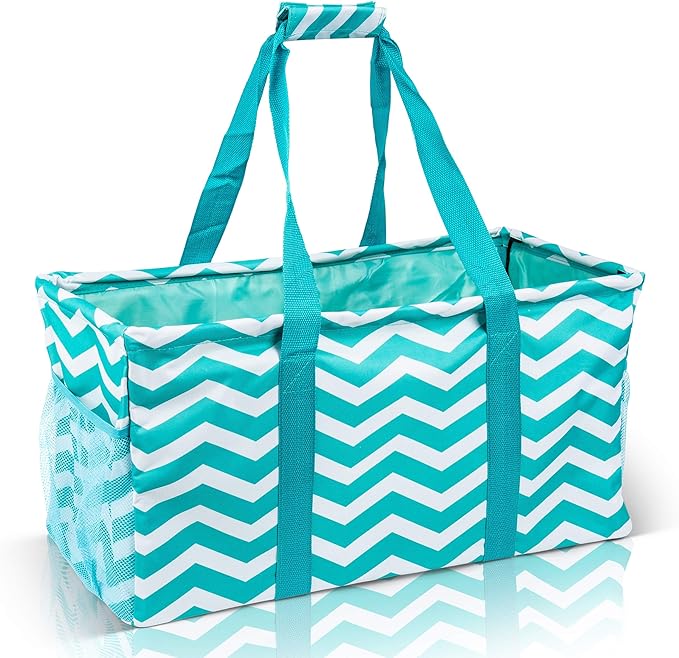 Extra Large Utility Tote Bag - Oversized Collapsible Reusable Wire Frame Rectangular Canvas Basket With Two Exterior Pockets For Beach, Pool, Laundry, Car Trunk, Storage - Chevron Teal