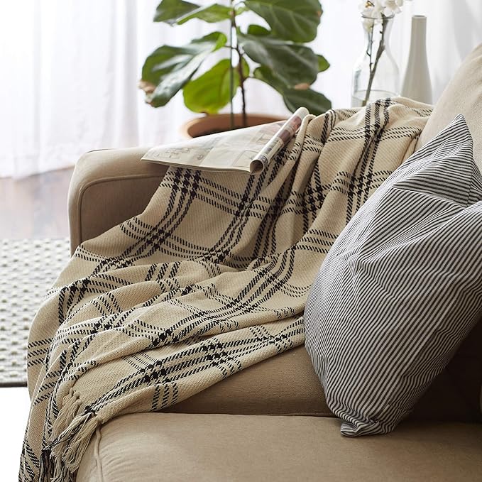 DII Modern Farmhouse Plaid Collection Cotton Fringe Throw Blanket, 50x60, White/Black