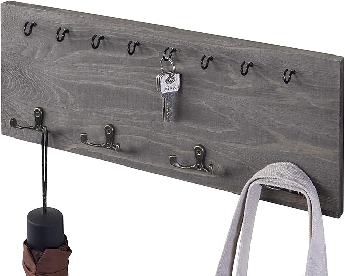 MyGift Wooden Key Rack Organizer in Vintage Gray Finish, Wall-Mounted Entryway Hanging Key Holder with 12 Hooks