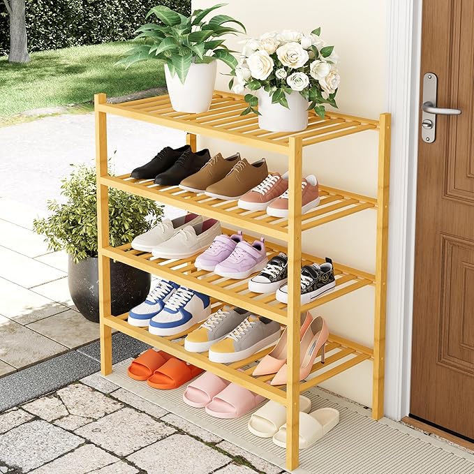 Smiry Shoe Rack, 4 Tier Thick Bamboo Shoe Organizer, Stackable Free Standing Wooden Shoe Storage Shelf for Closet, Entryway, 