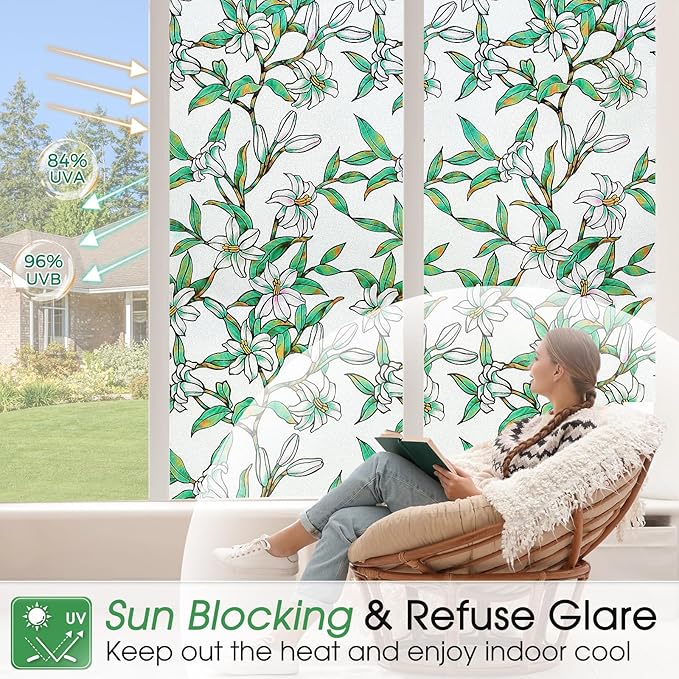 Coavas Static Cling Privacy Window Film, 96% UV & Heat Blocking, Stained Glass Window Film Floral Design, Non-Adhesive, for Bathroom, Front Door, Shower Enclosure‌ (Vinyl, 17.5" X 78.7 ")