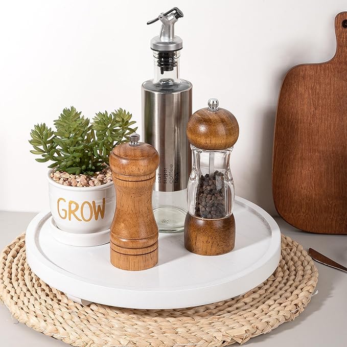 Round Decorative Tray Wood Bathroom Counter Organizer Farmhouse Kitchen Decor Wooden Riser for Soap Dish, Perfume, Candle, Sp