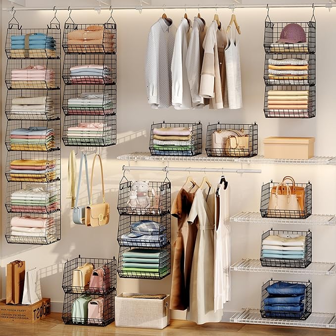 X-cosrack 7 Tier Foldable Hanging Closet Organizer and Storage,Wire Closet Shelving with 4 Large Hooks+ 5 S Hooks,Hanging Bas
