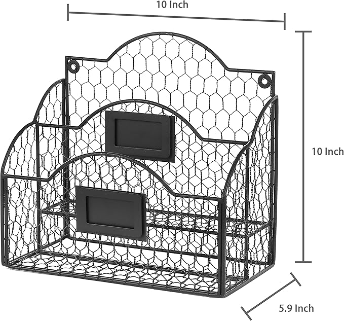 MyGift Metal Wire Basket Desk Organizer, 2 Compartment Inbox/Outbox Black Entryway Wall Mail Sorter, Office Desktop Stationer