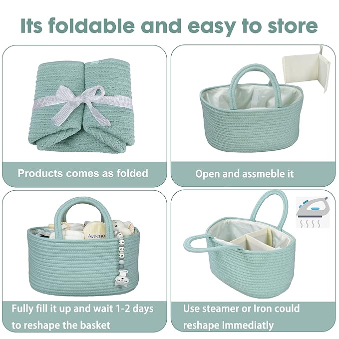Diaper Caddy Organizer for Baby Cotton Rope Nursery Storage Bin Basket Portable Holder Tote Bag for Changing Table Car Travel
