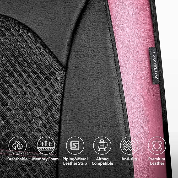 CAR PASS Memory Foam Car Seat Covers,Air Cool Mesh Thick Seat Covers Front Seats,Pink Metal Film Leather Seat Cover for Car,U