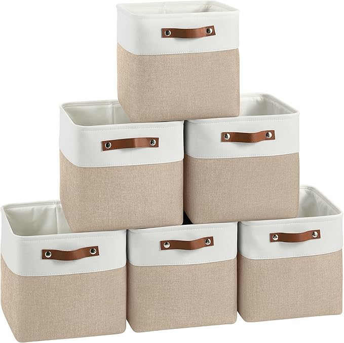 FinishingBo Cube Storage Baskets 6 Pack, 11x11 inch Cube Storage Bins with Leather Handles for Shelf Closet (White/ Khaki)