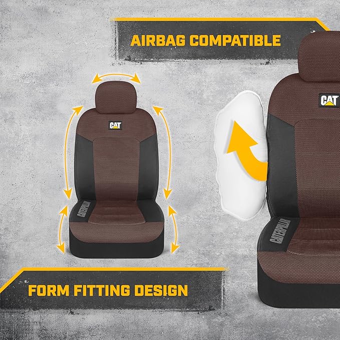 CAT Brown & Black Seat Covers for Cars, Trucks, & SUV - Set of (2) MeshFlex Car Seat Cover Front Seat Protectors - Airbag Com