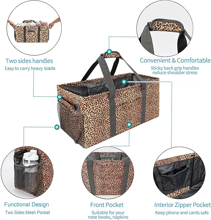 Joyfol Day Extra Large Utility Tote Bag, Reusable Grocery Bags Foldable,Upgraded Metal Frame, With Sturdy Handles Reinforced Bottom Heavy Duty Oxford Fabric Moving Shopping Bags, Leopard Brown