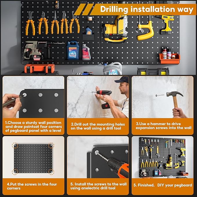 Peg Board, 110pcs Metal Pegboard Kit, Includes 4 Pack Black Peg Board Panels with Accessories and Hook Locks, Large Heavy Dut