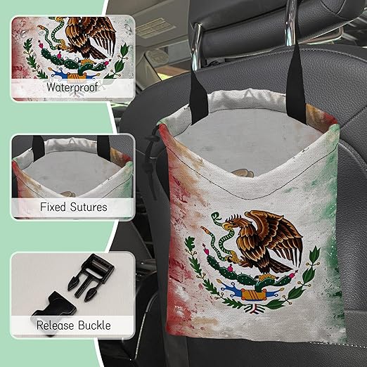 Vintage Mexico Flag Car Trash Bag,Hanging Drawstring Car Garbage Bag,Waterproof Canvas Car Back Seat Organizer with Adjustable Buckle,for Vehicles,SUVs,Camping,Road Trips