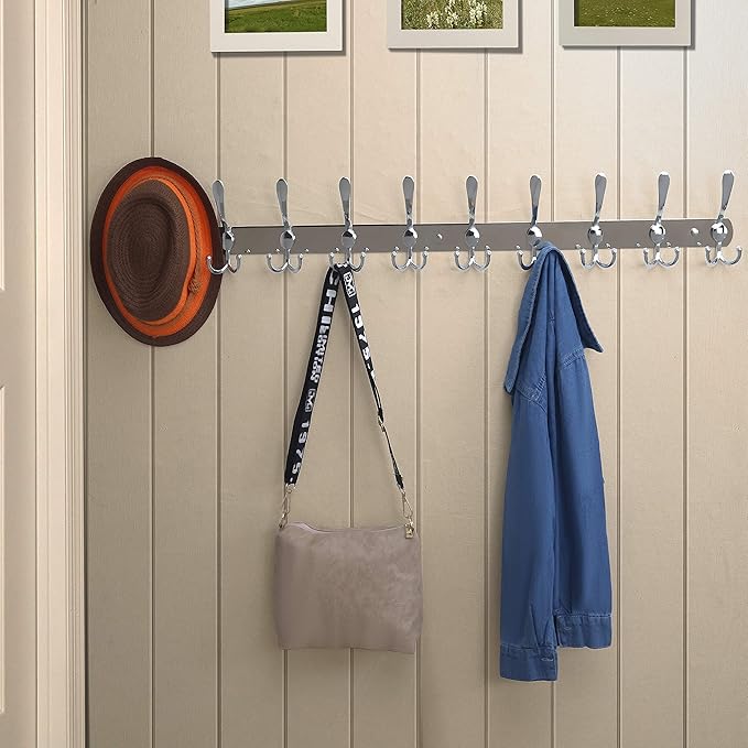 Dseap Coat Rack Wall Mount - 38” Long 10-Tri-Hooks Heavy Duty Coat Hanger Rail Wall Hooks for Hanging Coats Hats Clothing Clo