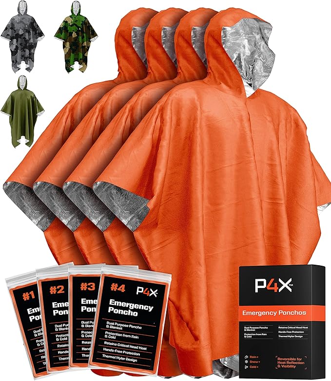 PREPARED4X Emergency Mylar Poncho – Survival Rain Poncho with Hood – Lightweight, Compact, Reusable Emergency Blanket Poncho 